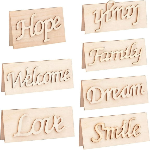 7 Pcs Wooden Word Cutouts Natural Wood Craft Cut Unfinished Wood Words Sign Pieces for Crafts Wedding Party Home Decoration Beige