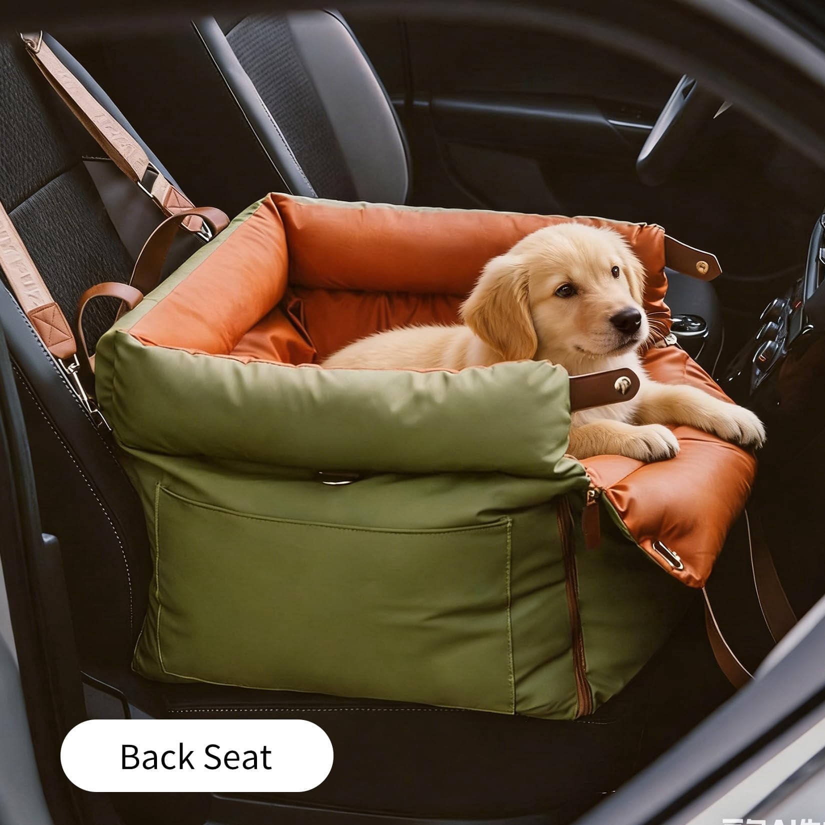 Dog Booster Car Seat, Waterproof PU Leather Upholstered Cat Bed for Car with Storage Pockets, Portable Pet Seat, Bite-Resistant, Perfect for Travel and Home
