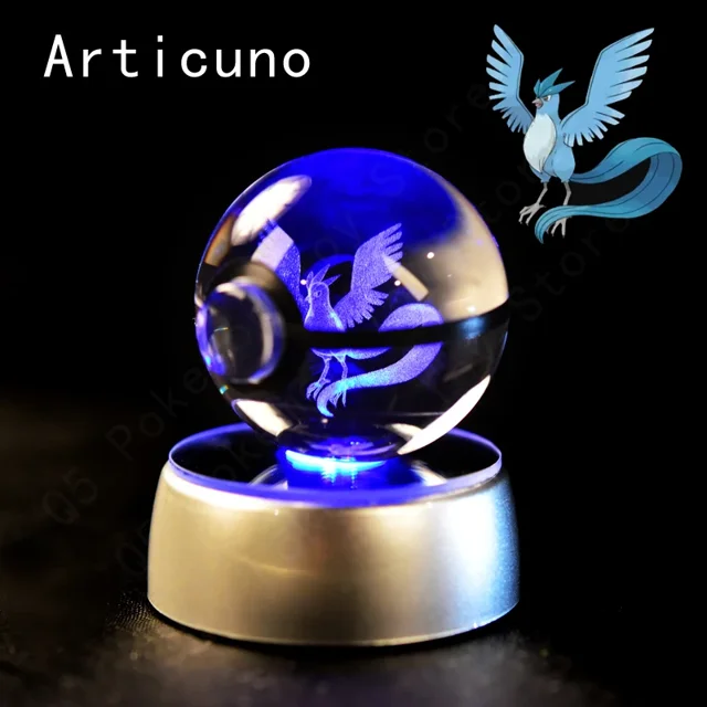 3D Pokemon Crystal Ball 8CM 5CM Mewtwo Pikachu Gengar Crystal Glass Pokemon Ball Pokeball Figure Night Light LED Lamp Base Gift