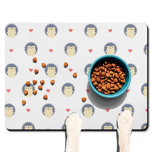 Cute Hedgehog Non-Slip Dog Bowl Mat - Multi-Layer Absorbent Pet Feeding Mat with Cartoon Hedgehog & Mushrooms Design