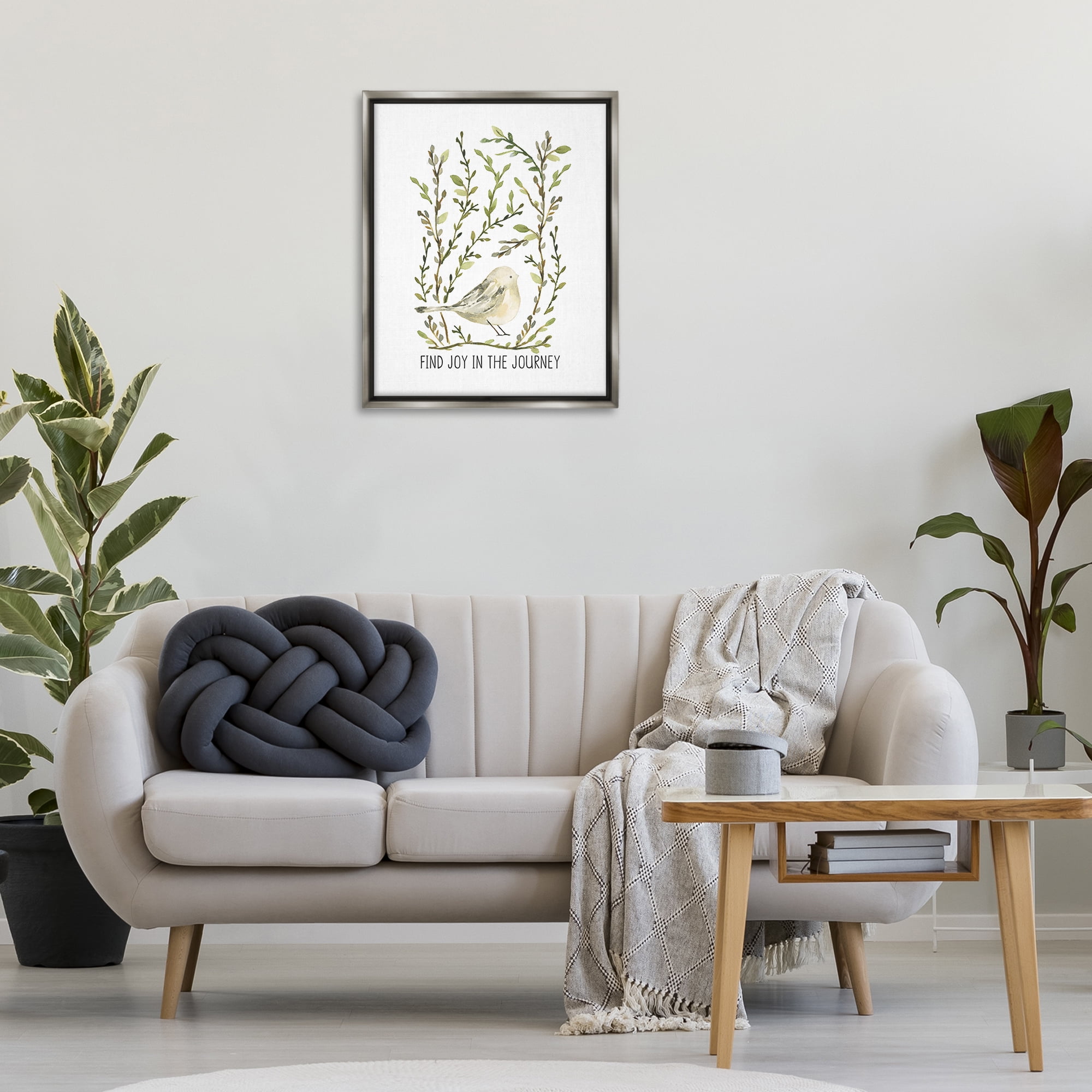 Stupell Industries Find Joy with Bird Botanical & Floral Painting Gray Floater Framed Art Print Wall Art, 25 x 31