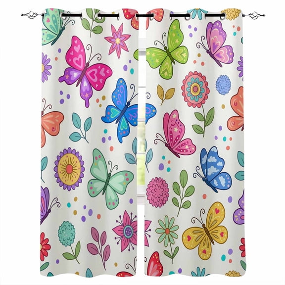 Cute Colorful Butterflies Blackout Curtains for Bedroom/Living Room, Thermal Insulated Kitchen Curtains, Spring Floral Modern Art Grommet Darkening Window Treatment Drapes 52"x72"x2
