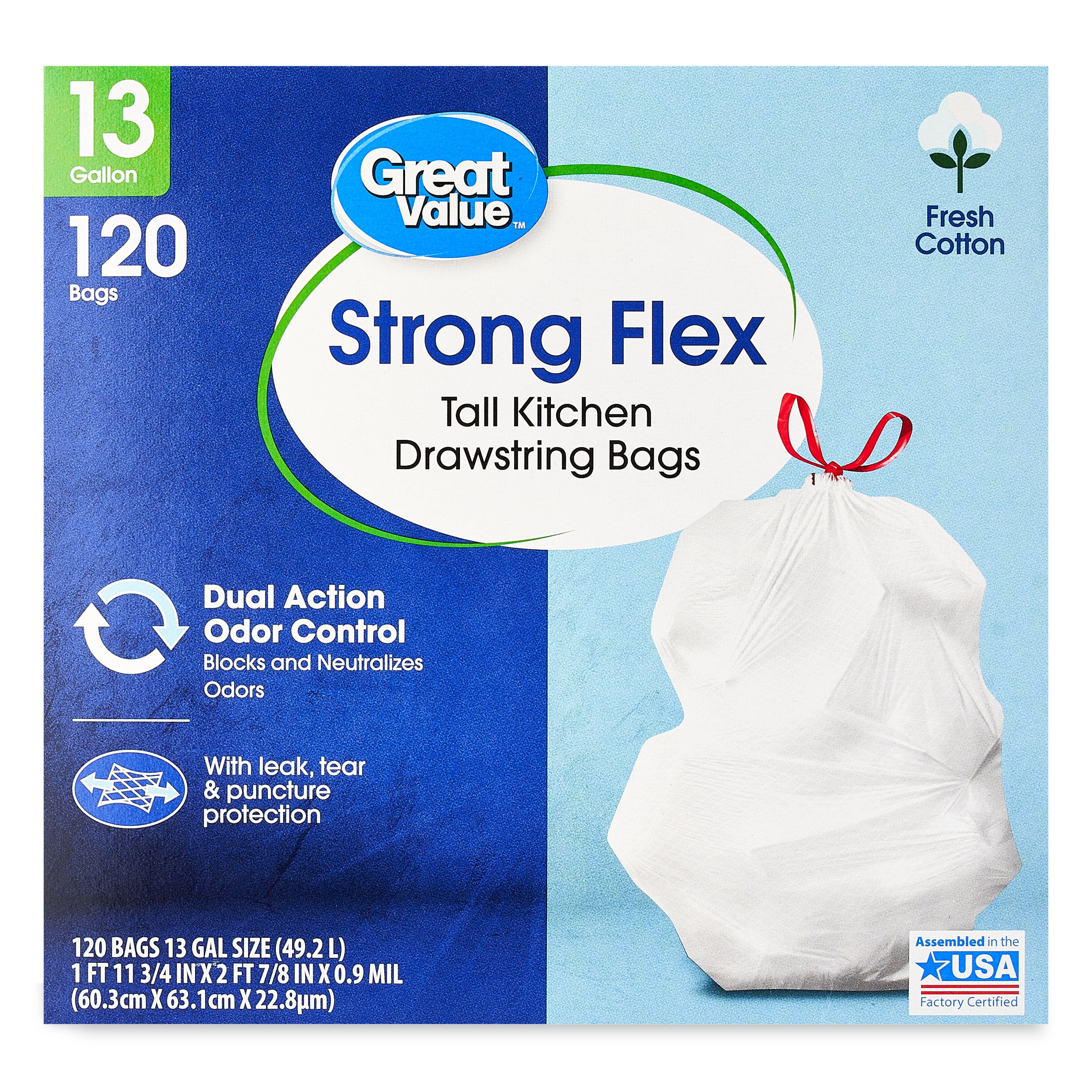 Great Value Strong Flex Tall Kitchen Drawstring Trash Bags, Fresh Cotton, 13 Gallon, 120 Count