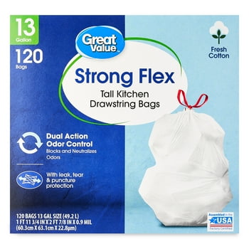 Great Value Strong Flex Tall Kitchen Drawstring T Bags, Fresh Cotton, 13 Gallon, 120 Count