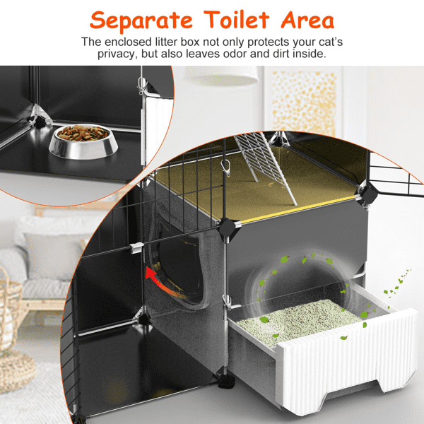 3‑Tier Multi‑Space Cat Enclosure Cage, Indoor Cat Play House with Litter Box Drawer, Reversible Hammock for Kittens, Rabbits, Chinchillas and Small Pets