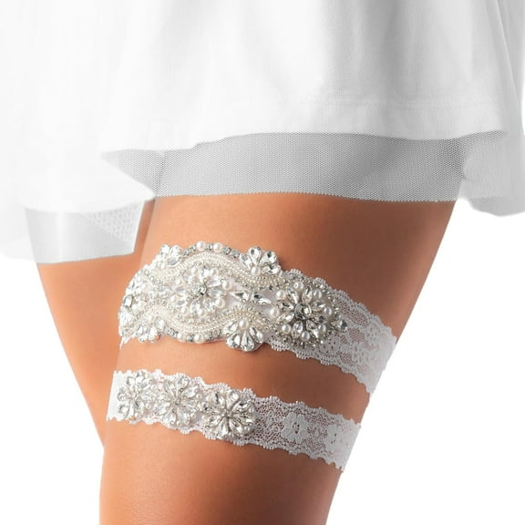 White Stretch Lace Rhinestone Pearl Garter, Wedding Garter Set with Toss Garter, Bridal or Prom Garter Set, Liga Para La Boda