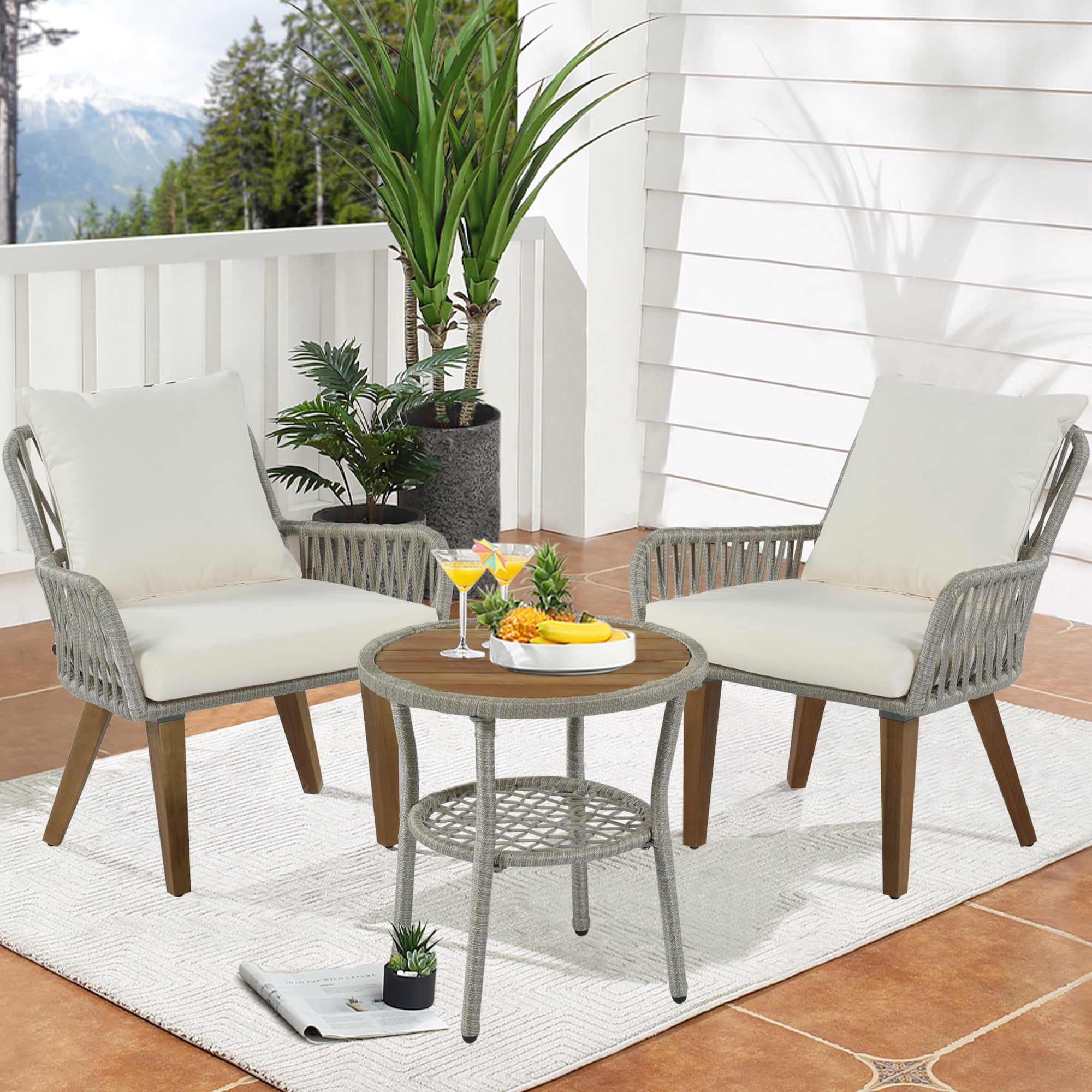 3 Pcs Patio Bistro Furniture Set, Woven-Rope Bistro Set with Soft Cushion, 2 Chairs and 1 Wood Outdoor Bistro Tabletop, Outdoor Conversation Set for Patio Backyard Porches, T164