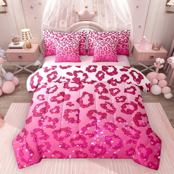 Feelyou Pink Cheetah Print Twin Bedding Sets 7pcs, Glitter Polkadots Women Comforter Set