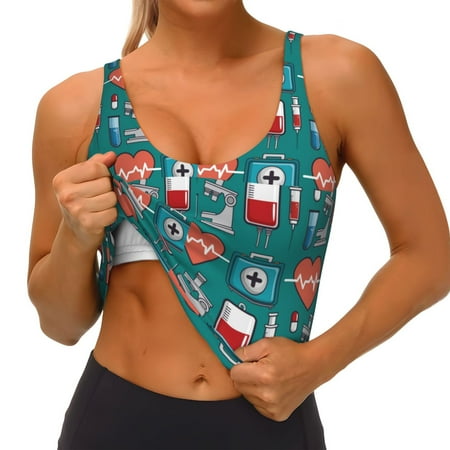 Qokaie Medical Elements Pattern Womens Scoop Neck Sports Bra Breathable Workout Vest Padded U Back Medium Impact Fitness Gym Yoga Bra Workout Crop Top