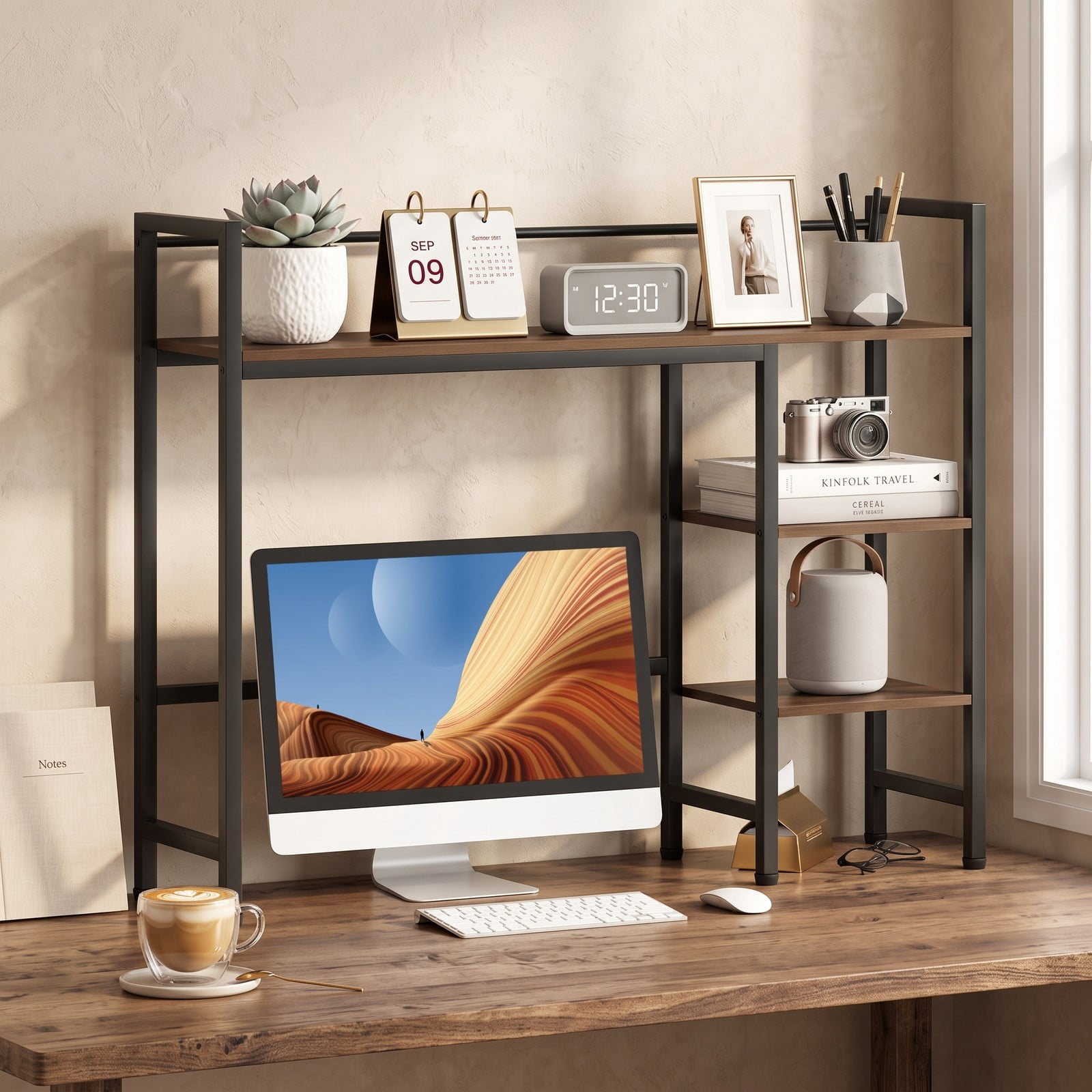 Furnibear Desktop Bookshelf 38.5 Inch Wide Storage Display Rack, Countertop Bookcase Organizer with Metal Frame for Home Office Desk, Living Room and, Rustic Brown