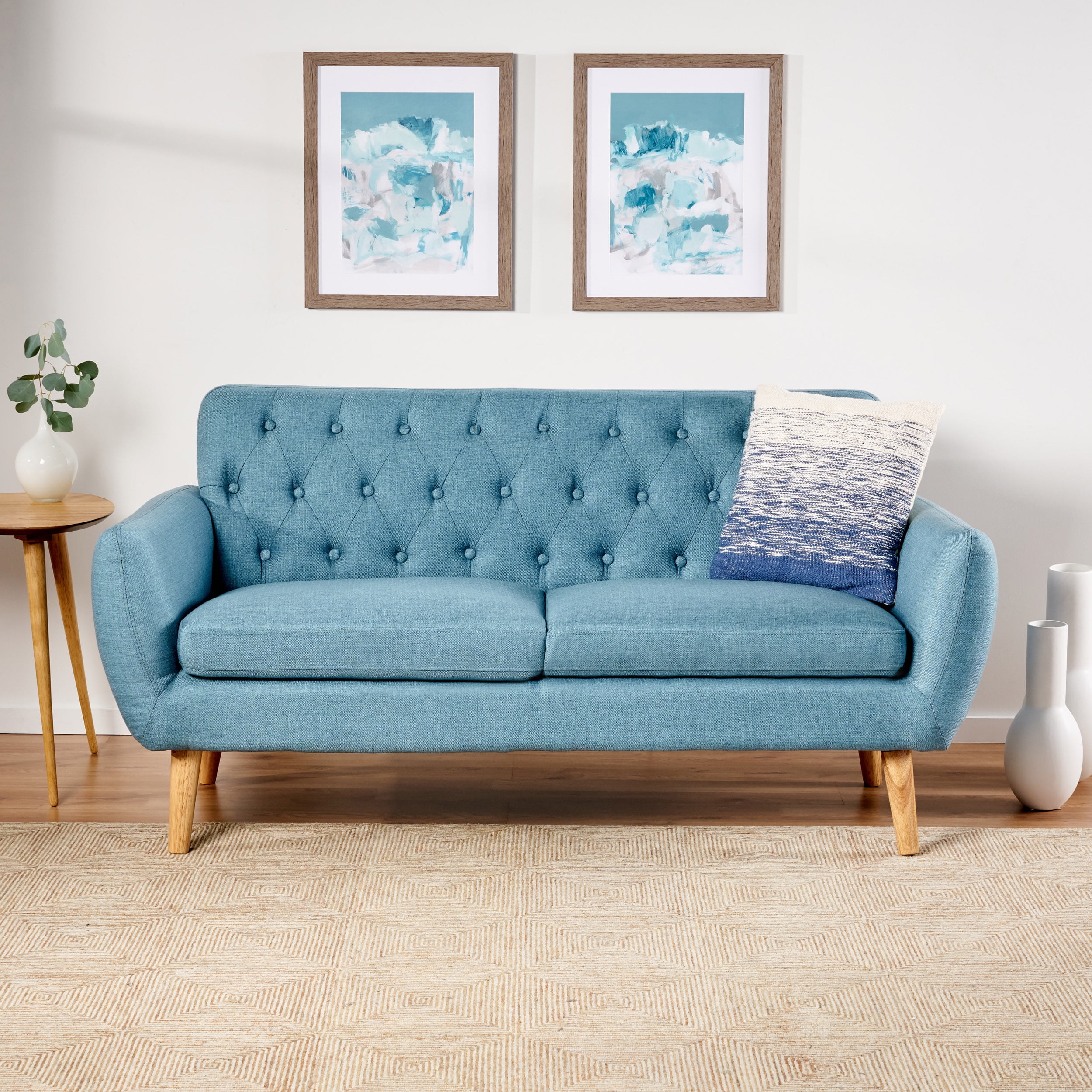 Noble House Petite Mid Century Modern Tufted Fabric Sofa,Blue Walmart