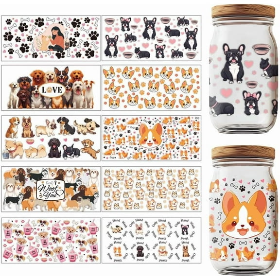 10 Sheets Transfers Stickers Waterproof Rub on Transfers Puppy Dog Themed Cup Wraps Decal for DIY Glass Cups DIY Crafts Furniture Decorations