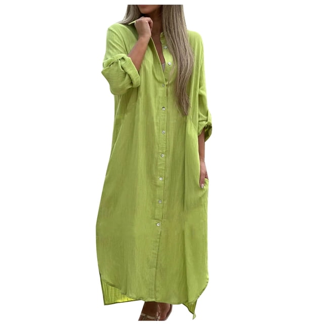 cfhntfmh Robes Grande Taille pour Femmes Coton Lin Confortables Chemises à Boutons Robe Décontractée Automne Col à Manches Longues Robe Maxi
