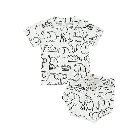 

Genuiskids Unisex Infant Baby Girl Boy Summer Clothes 2Pcs Suit Cartoon Elephant Print Ribbed Short Sleeve Crew Neck T-shirt + Elastic Waist Shorts
