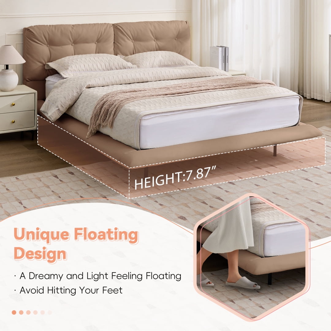 Queen Size Floating Bed Frame with LED Lights, Upholstered Platform Bed with Button Tufted Headboard, No Box Spring Needed, Easy Assembly, Khaki