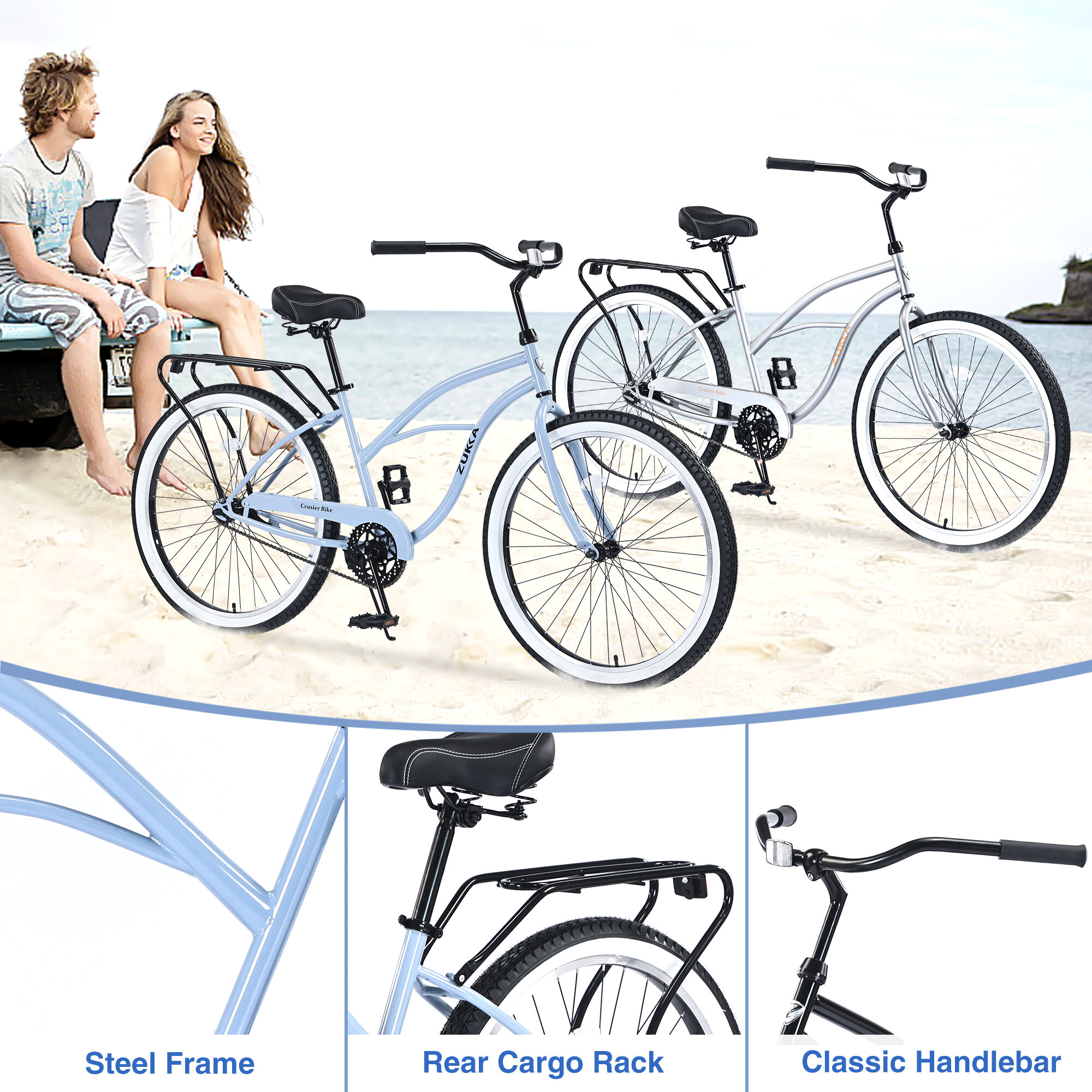 Road Bikes, Single Speed Bicycles 26"Inch,Steel Frame, Wide Wheels for Stability, Rear Coaster Brakes,Multiple ColorsWomen's Beach Cruiser Bike, Blue Mountain Bikes,Steel Bicycles