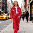 thumbnail image 4 of ATOGUTA Teen Girl Outfits Long Sleeve Jacket and Wide Leg Denim Pants Girls Clothing Sets 2PC Summer Outfits Size 3T-13, Red, 4 of 6