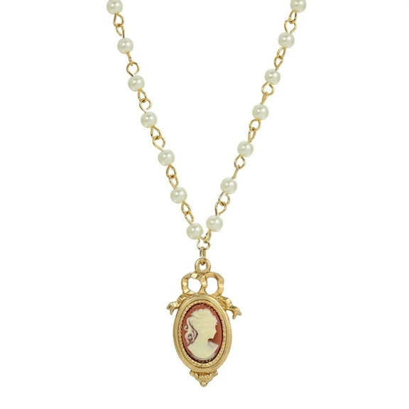 1928 Jewelry Women's Gold Tone Victorian Style White Faux Pearl Chain Oval Cameo Pendant Necklace 15"   3" Extender
