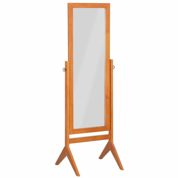 Oak Finish Wood Rectangular Cheval, Self Standing Mirror With Lights