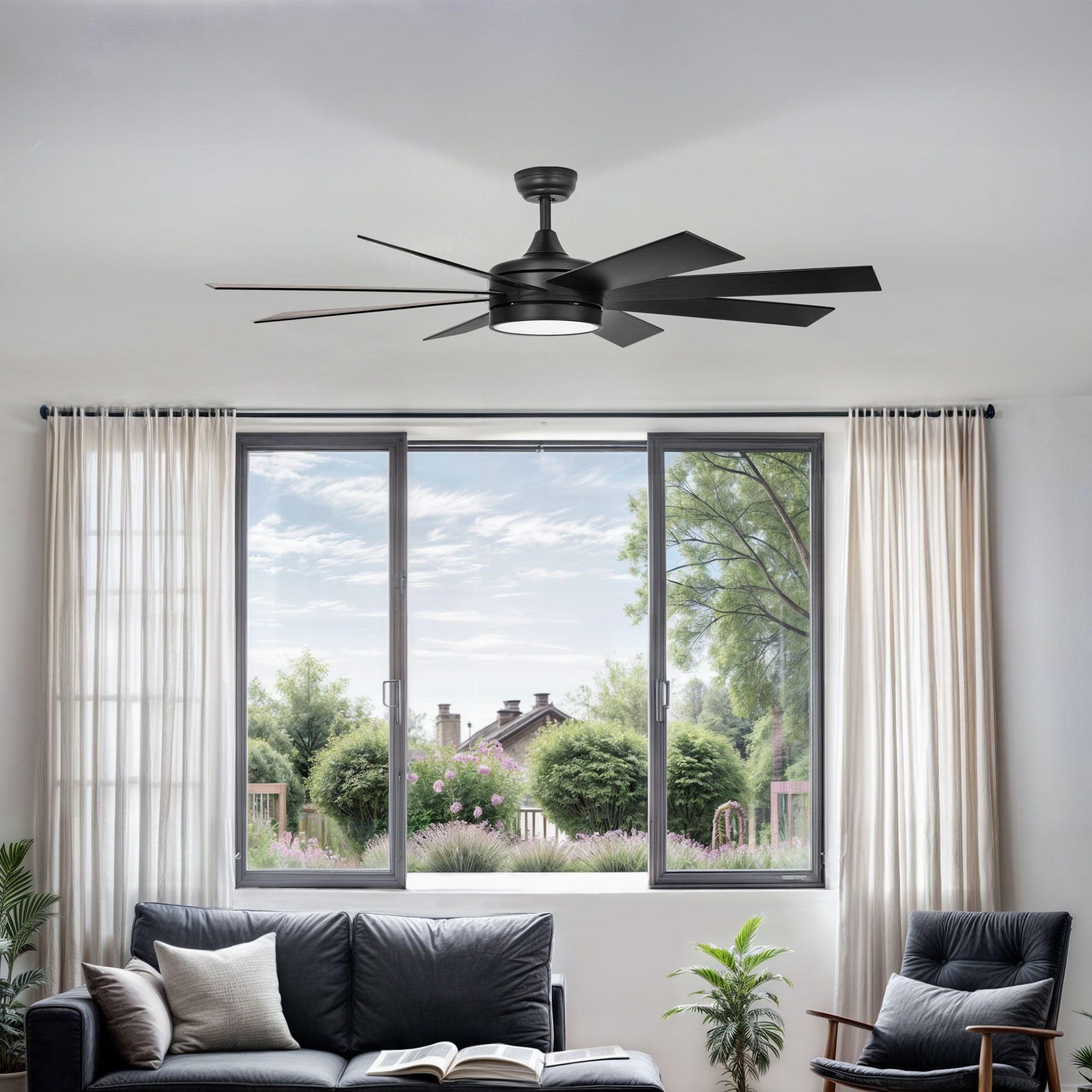 ModFusion 60″ Black Ceiling Fan with Light – Quiet Motor, Dimmable LED, 6 Speeds, Reverse Airflow, 8‑Blade Modern Design