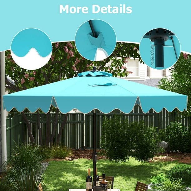 9 ft teal patio umbrella Cabana ft. Table with tilt and crank features Crafted from durable polyester fabric in a solid teal color WESTLAKE 9 Ft Solar LED