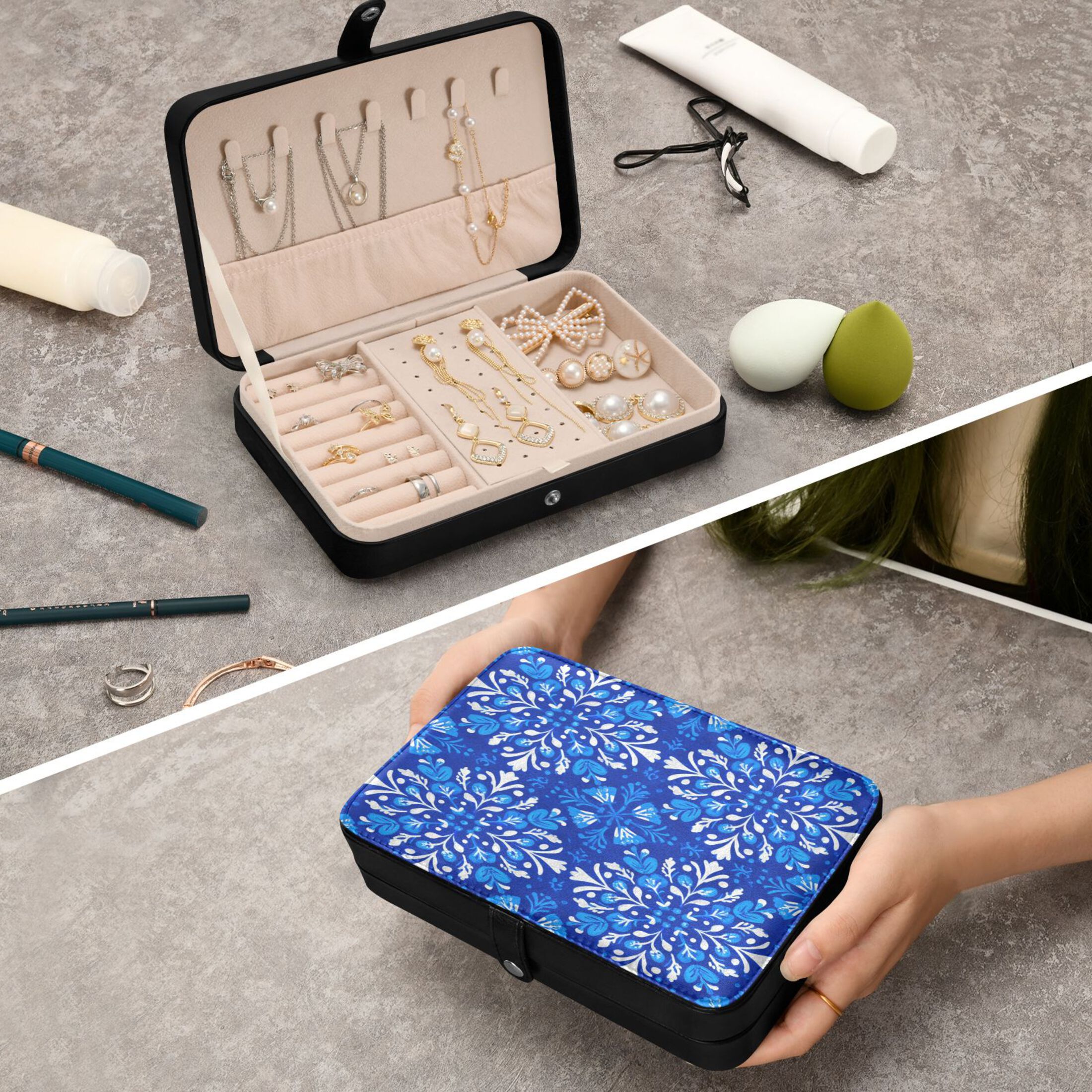 Leather Jewelry Box Rectangular 8.27x5.5x1.78In Travel Jewelry Storage Earrings Necklace Bracelet Watch Brooch Storage Blue Beautiful