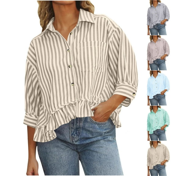Jsaierl 3/4 Length Sleeve Womens Tops Plus Size V Neck Shirts Trendy Graphic Ladies Blouses Work Cotton Tunic Top S-2XL
