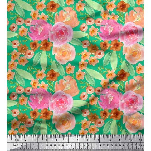 Soimoi Green Cotton Duck Fabric Leaves,Pink & Peach Flower Watercolor Print Fabric by Yard 56 Inch Wide