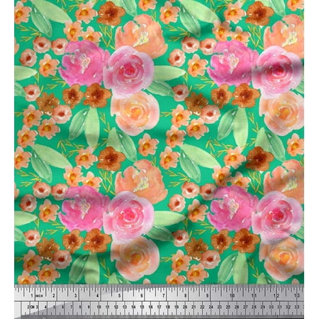 Soimoi Green Poly Georgette Fabric Leaves Pink & Peach Flower Watercolor Print Fabric by The Yard 52 Inch Wide