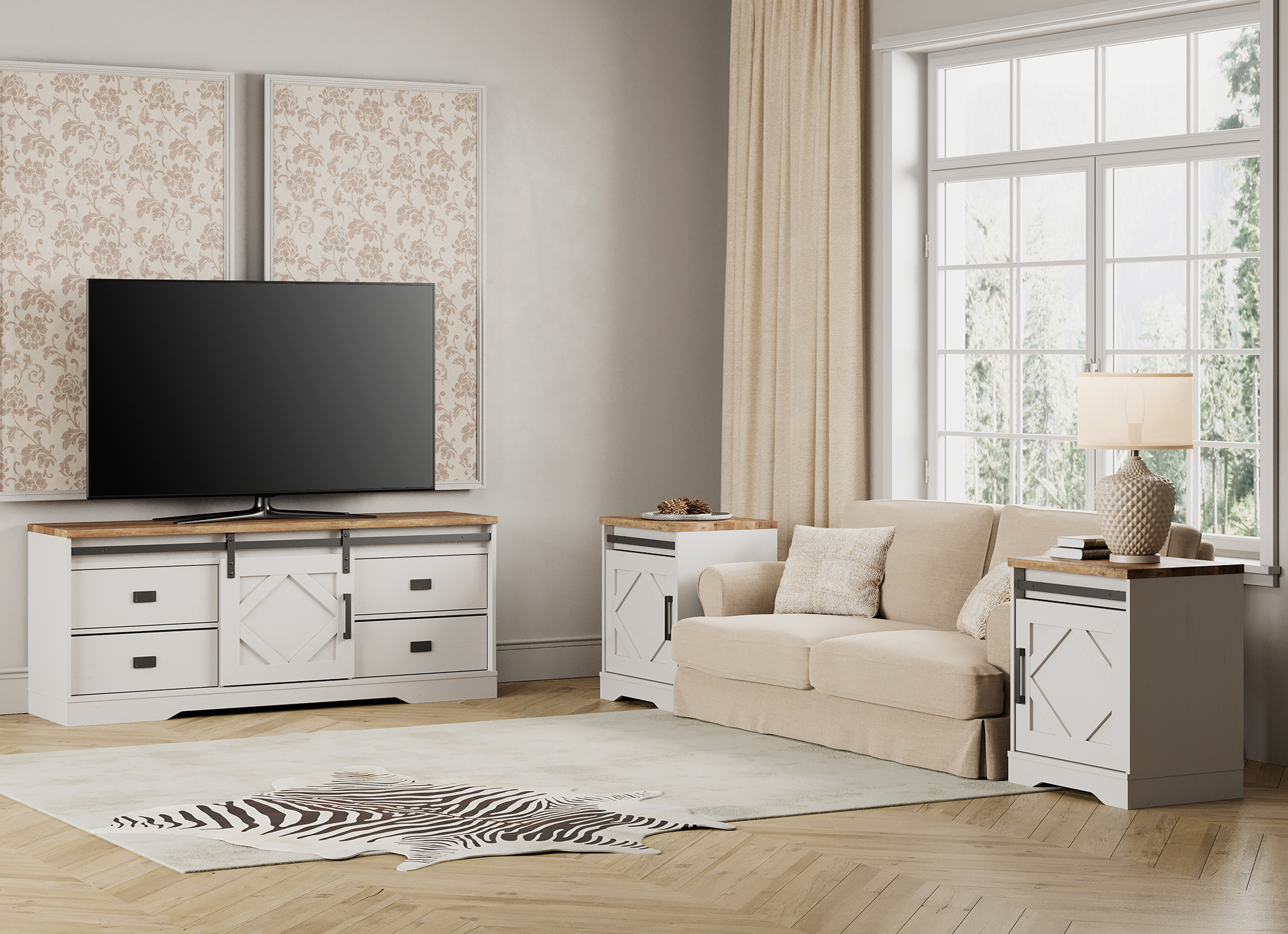 Farmhouse TV Stand for up to 70" TVs with Drawers and Adjustable Shelf for Living Room, Cream White