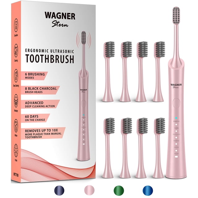 Cepillo de dientes eléctrico blanqueador ultrasónico Wagner Stern con 8 cabezales de cepillo negro carbón. para un aliento fresco y una sonrisa saludable. (Rosa)