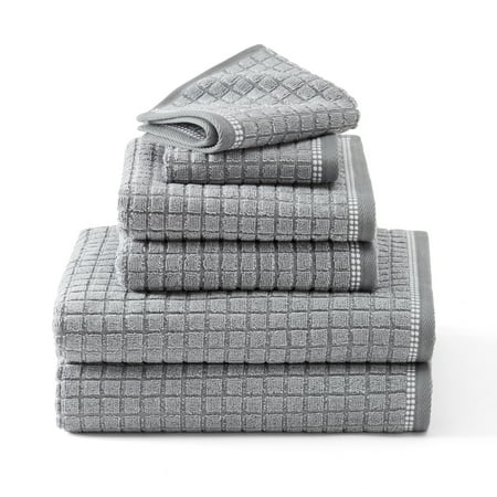 TOWN & COUNTRY EVERYDAY 6-Piece Textured Windowpane Set, 2-Bath Towels, 2-Hand Towels, 2-Washcloths, 100% Cotton, Plush & Absorbent 550GSM, Grey