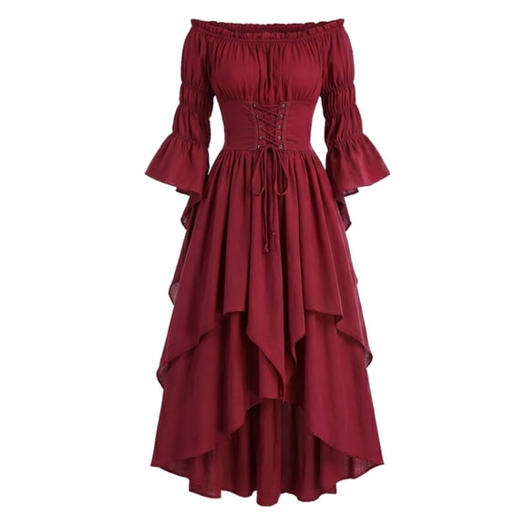 RFQWOVSR Womens Vintage Off Shoulder Lace Up Waist Dress Full Skirt Court Style Gown XXXL
