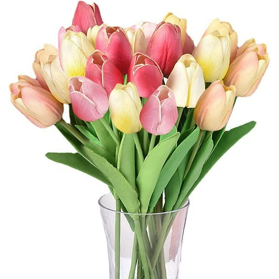 10pcs Artificial Tulips Flowers Real Touch Silk Flowers Pink Yellow Tulip Floral Arrangement Bouquets for Wedding Home Office Party Banquet Decoration (5 Colors)