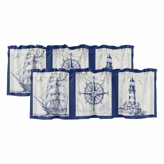 Nautical Navy Valances for Windows, Decorative Rod Pocket Window Valance Curtains, Blue Lighthouse Boat Compass Ocean Short Curtain Drapes for Kitchen/Bathroom/Living Room, 2 Panels, 54" W x 18" L
