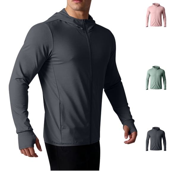 Maqroz UPF 50 Sun Shirt Men Plus Size Long Sleeve Full Zip Hooded UV Protection Clothing Athletic Workout Top Lightweight Hiking Fishing Jersey with Thumb Holes and Pockets