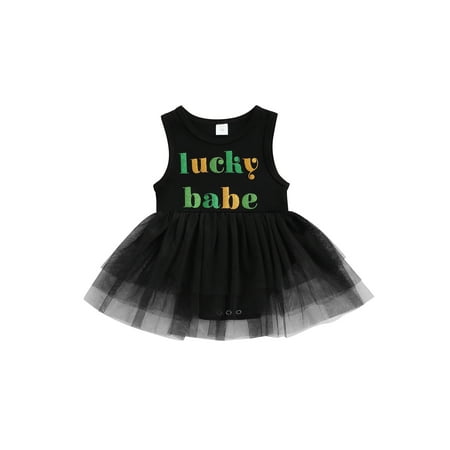 

Canrulo St. Patrick s Day Newborn Baby Girl Dress Sleeveless Tulle Tutu Party Dresses Summer Outfits Black 12-18 Months