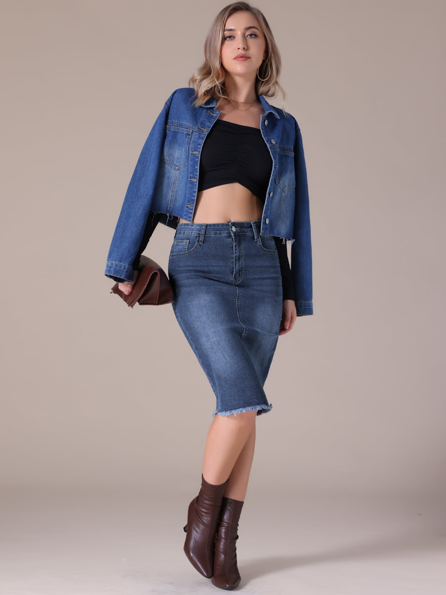 DARING DIVA Women's Denim Raw Hem Pockets Pencil Skirt M Dark Blue