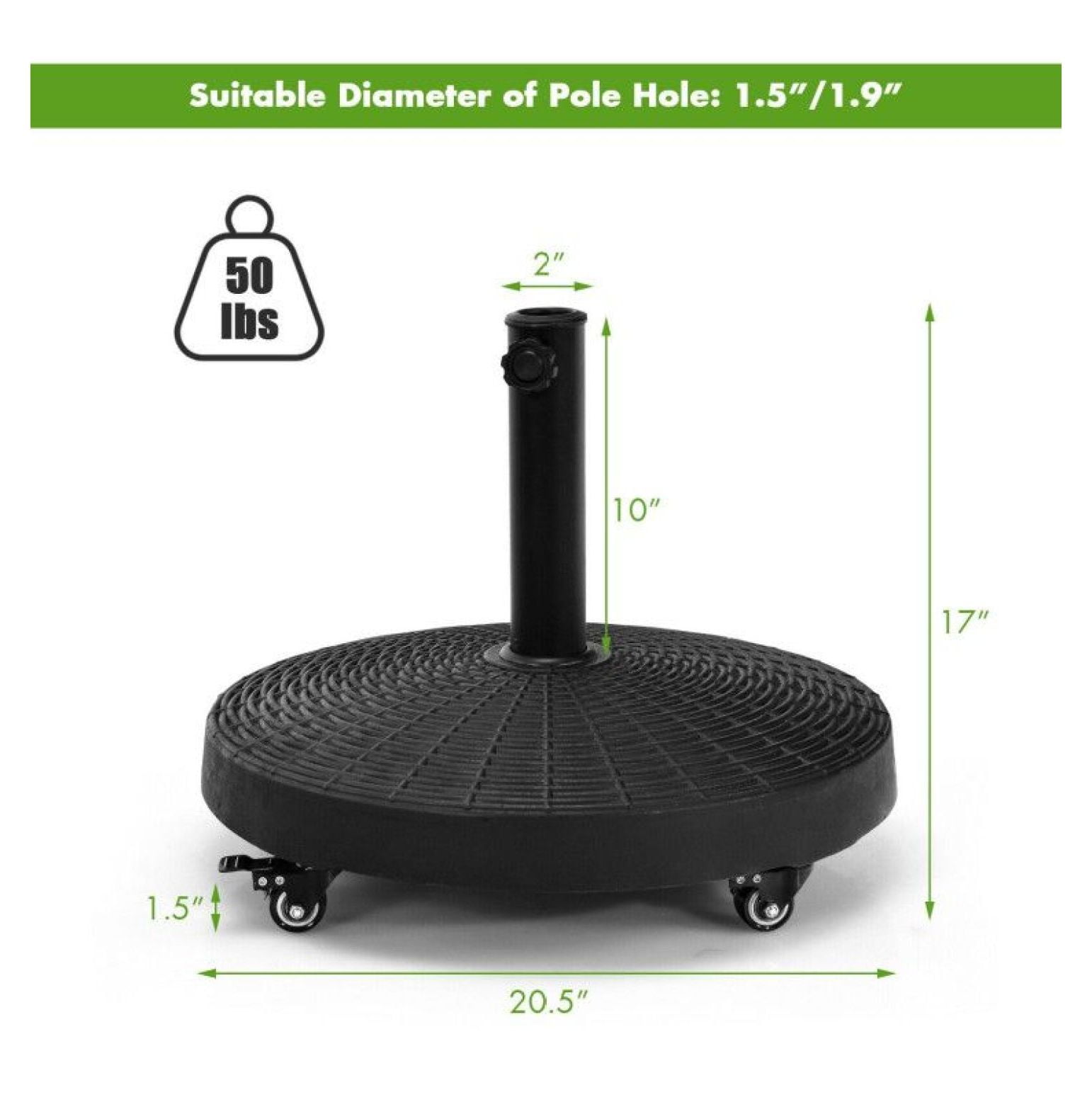 50 LBS Umbrella Base, Patio Resin Wicker Stand with Wheels - Heavy Duty Outdoor Umbrella Holder for Backyard, Poolside, 1.5"/1.9" Pole