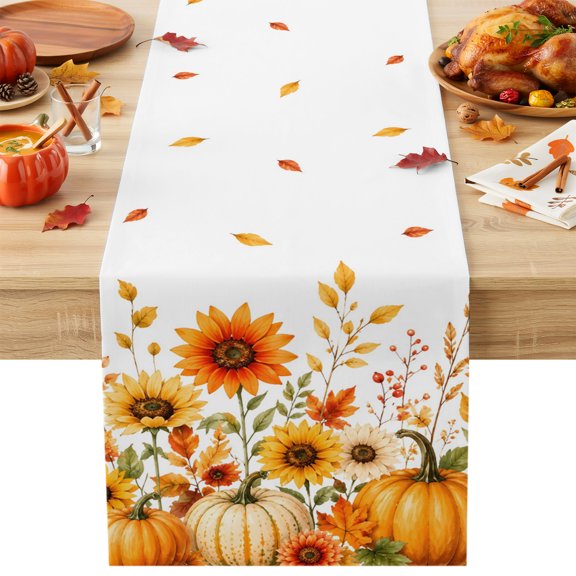 Thanksgiving Cotton Linen Table Runner Fall Orange Pumpkin Sunflower Rustic Countryside Dining Table Runners for Home Decor Party Dining Room Restaurant Kitchen Party 13" x 48"