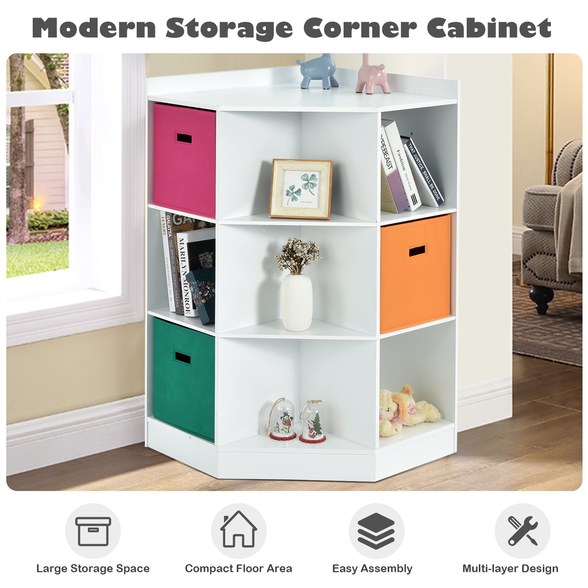 Gymax 3-Tier Kids Storage Shelf Cubes White w/3 Baskets Corner Cabinet Organizer