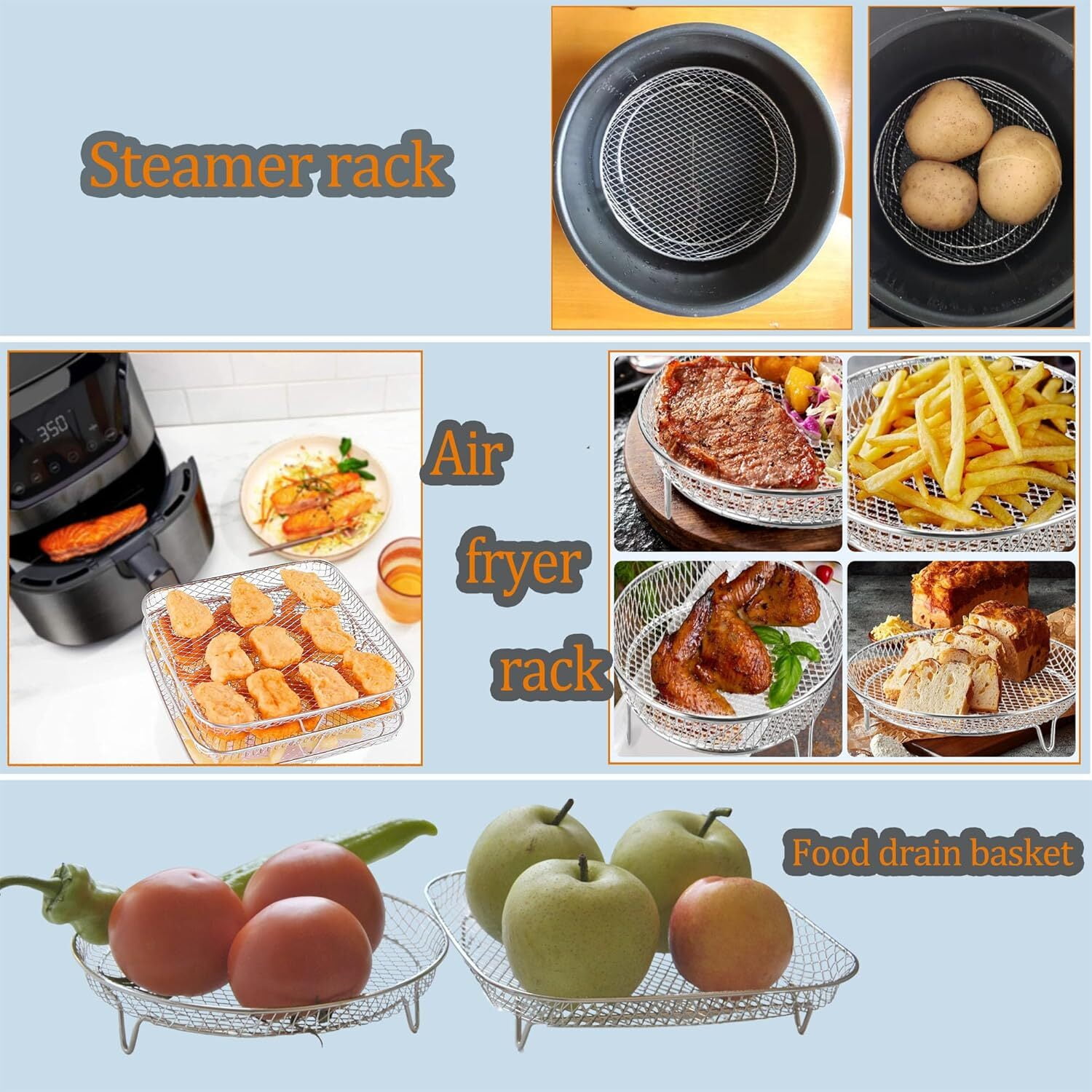 GoXteam Round Air Fryer Rack Set of 3, Stackable Multi-Layer Stainless Steel Dehydrator Rack, 7.8in Round Air Fryer Accessories for Cosori, Instant Vortex, Nuwave Air Fryer