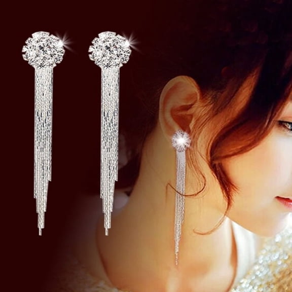Besufy Women Shiny Rhinestone Long Tassel Dangle Stud Earrings Bride