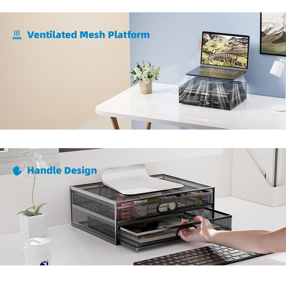 Marbrasse Monitor Stand with Drawer, Monitor Riser Mesh Metal, Monitor Stand with Storage, Desktop Computer Stand for PC, Laptop, Printer