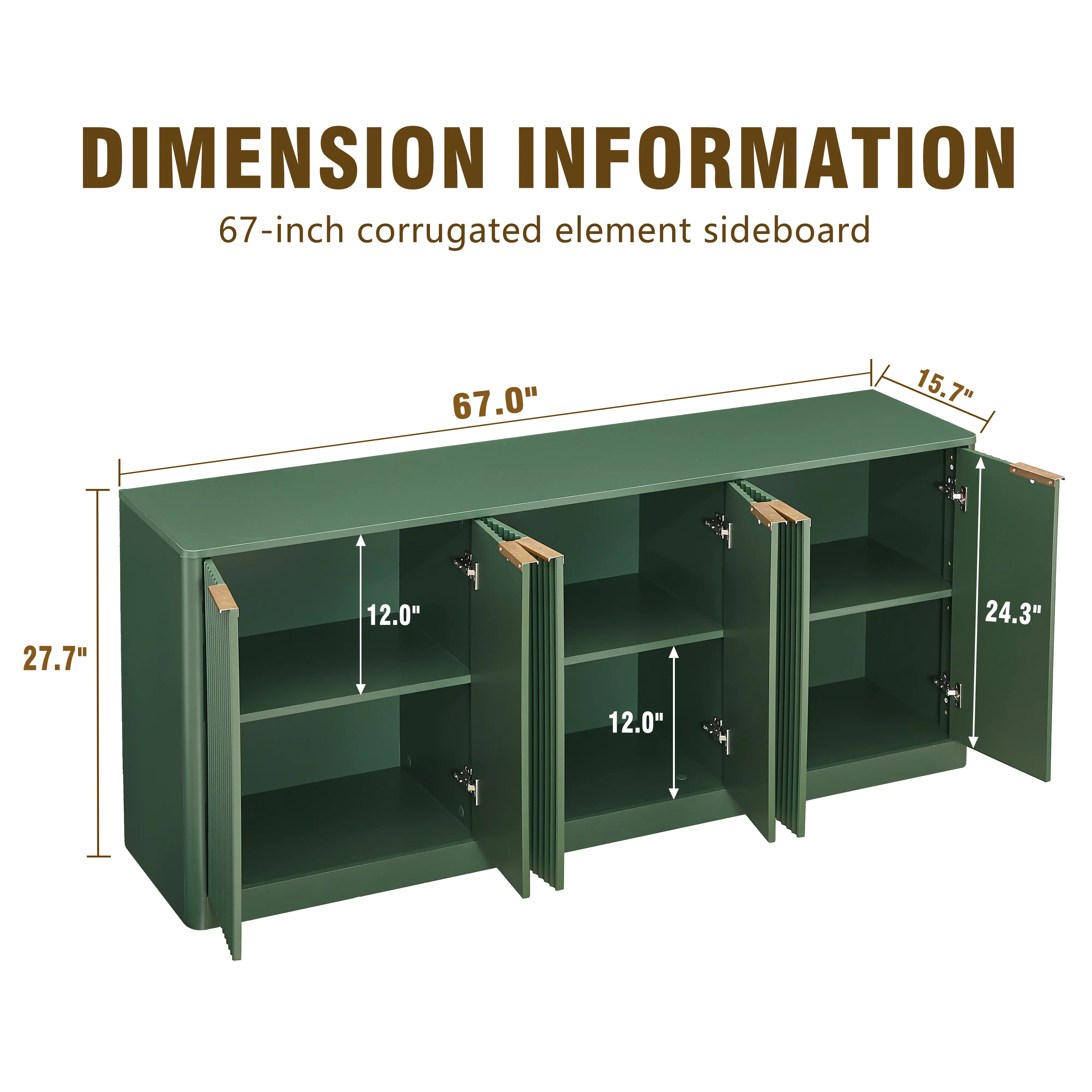 Aukfa 67" Modern Sideboard Cabinet, Wood Storage Credenza & TV Cabinet with 6 Fluted Doors for Living Room/Dining Room,Green