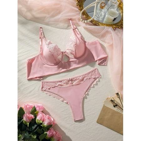 SkyAuks Women s Exotic Lingerie Sets  Sexy Lingerie for Women  Women s Plus Size Floral Lace Cut Out Underwire Lingerie Set  Mesh Scallop Trim Bra and Panty Set  Pink(XL)