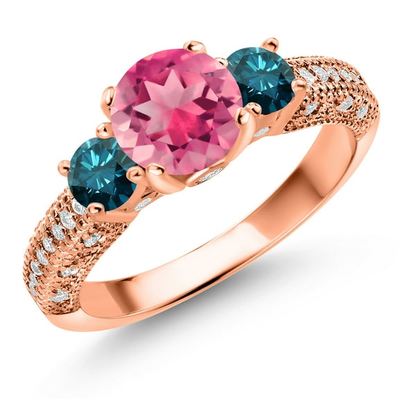 Gem Stone King 18K Rose Gold Plated Silver Pink Mystic Topaz Blue Diamond and White Moissanite Engagement Ring for Women (2.27 Cttw, Gemstone, Round 7MM and 4MM, Size 8)