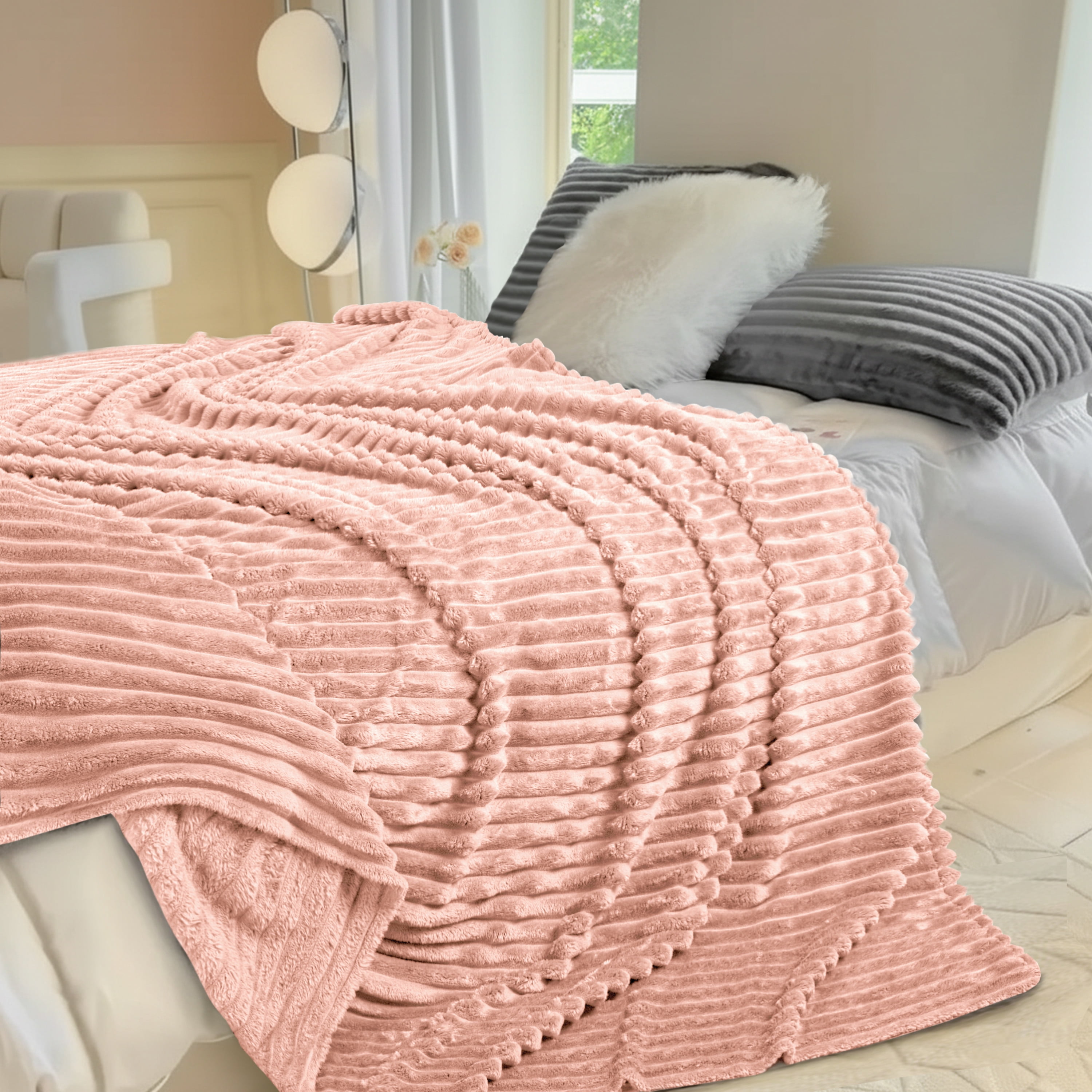 Fleece Blanket Queen Size 90" x 100" - 400GSM Oversized Soft Throw Blanket, Lightweight with Stripes Design Winter Blanket for Bed Sofa Couch