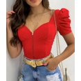 thumbnail image 3 of Women Short Puff Sleeve T-Shirts Summer Zip V Neck Solid Color Slim Tops Lady Basic Tee Red S, 3 of 9