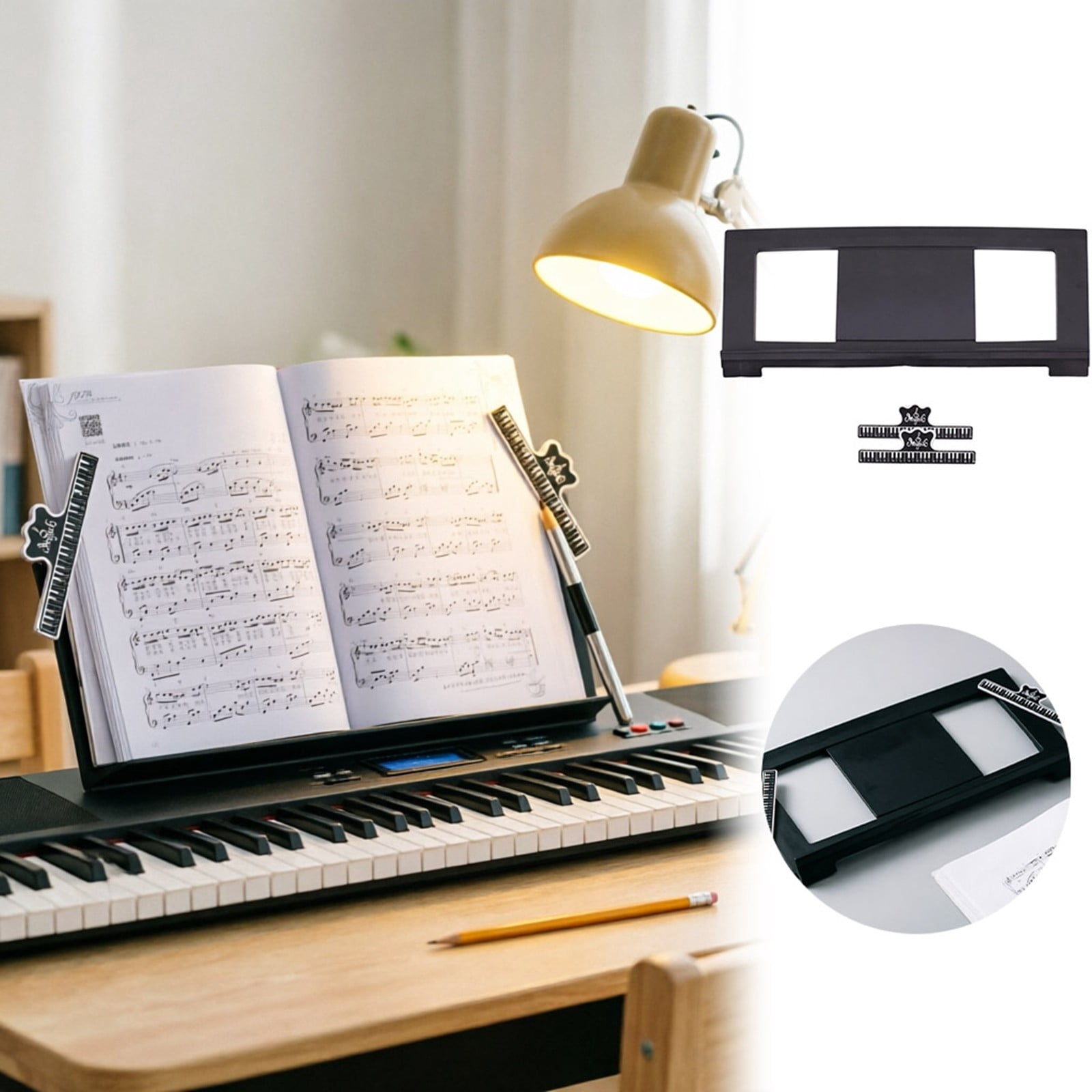 Keyboard Sheet Music Stand Attachment, Black Music Book Holder with Clips, Portable Piano Accessory for Holding Sheet Music Securely During Practice